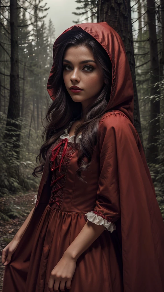NSFW Long hair girl, black in color, blue colored eyes. with big breasts, slim with hips and ass, no belly. Dressed as Little Red Riding Hood in a full suit, long dress.
