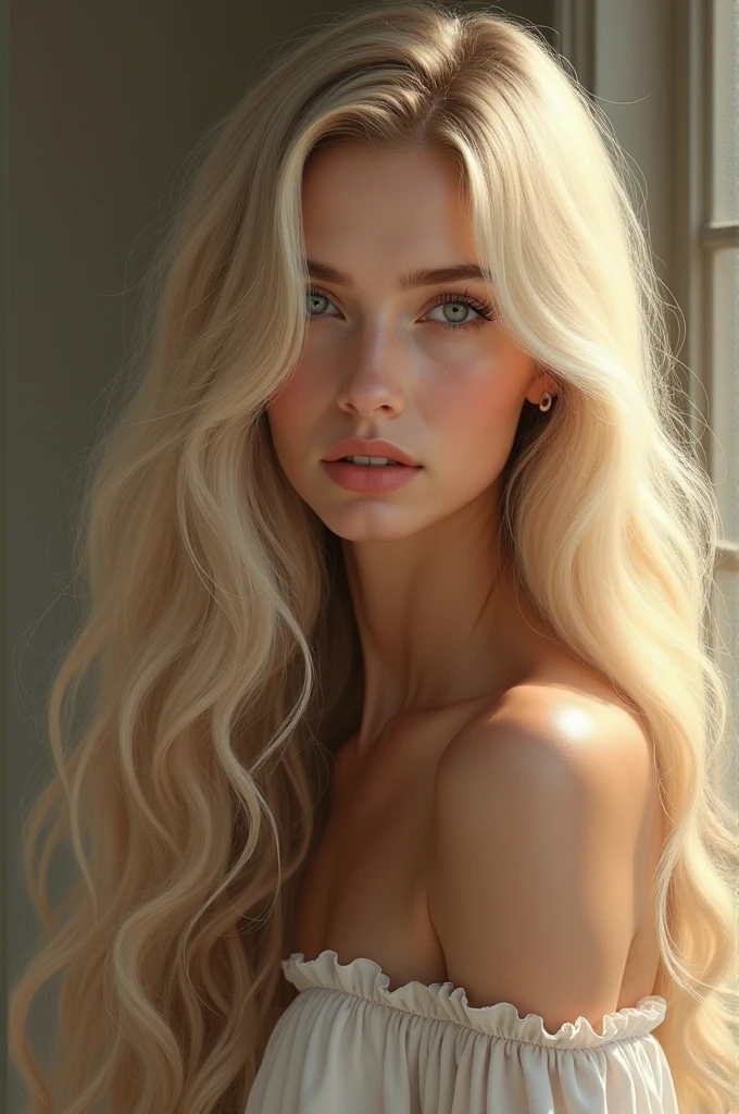 Photo of an 18-year-old European girl, .RAW, beautiful woman, (extra long wavy blonde hair), ((portrait)), ((Detailed face:1.2)), ((Detailed facial features)), (finely detailed skin), pale skinned, Combinaison transparente, clivage profond, Bedroom environment, (couleurs froides), humide, reflections, (Masterpiece) (photo realist)(Best quality) (Detailed) photographed on a Canon EOS R5, Objectif 50mm, f/2.8, Hdr, (8k) (wallpaper) (lighting cinematic) (dramatic lighting) (mise au point nette) (complexe) mode --auto