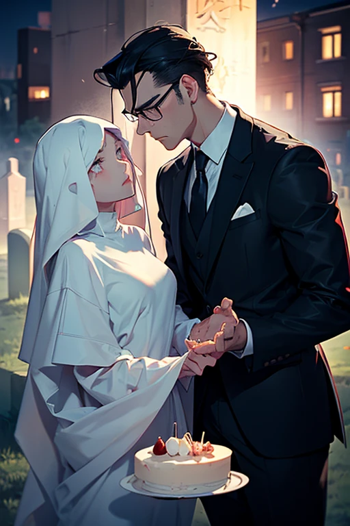 One man. One female ghost. A man with slicked back black hair with glasses in a suit is eating cake with a translucent female spirit in the cemetery at night with a tear in his eyes.
