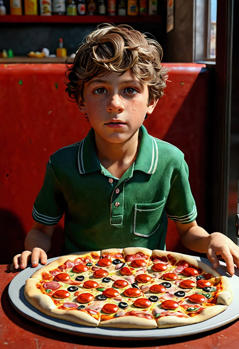 Image hyperRealistic d'un jeune garçon travaillant comme livreur de pizza,ultra detailed, kinematic, Realistic