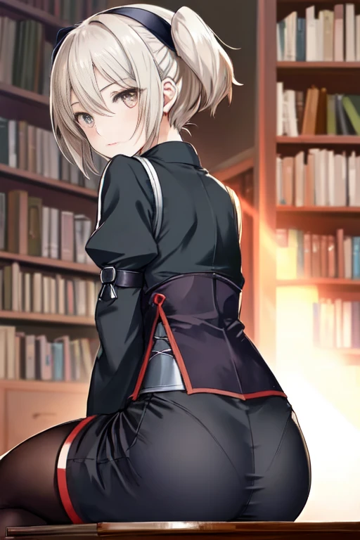 Sitting on the bed，Big-eyed anime girl in a bookshelf background, Lit from behind, Close-up of the lower fuselage, Lean your body forward, thickness, lower angle, View from behind, 2b, 2b, Close-up shot, rear, detailed. woman&#39;front, 有点Lean your body forward, Close Angle, low field of view, Face turns white, Dominant stance, Keeps your feet together