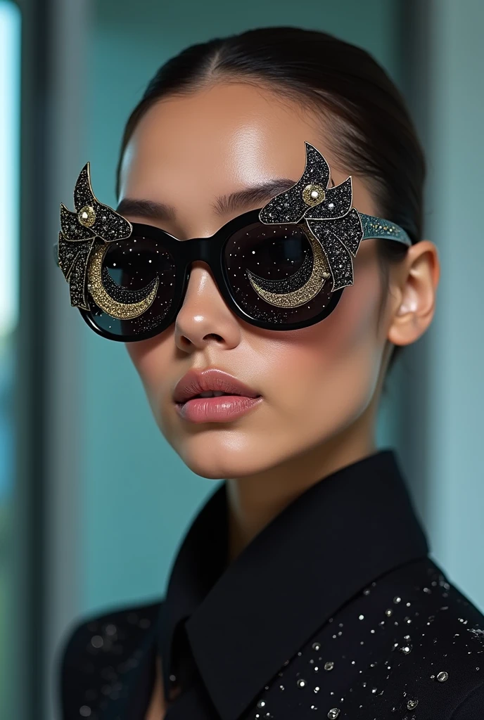 The model is wearing glass sunglasses with stars and the moon on the glass,not wearing clothes,see pussy,see tits,Hairless pussy,Wet
