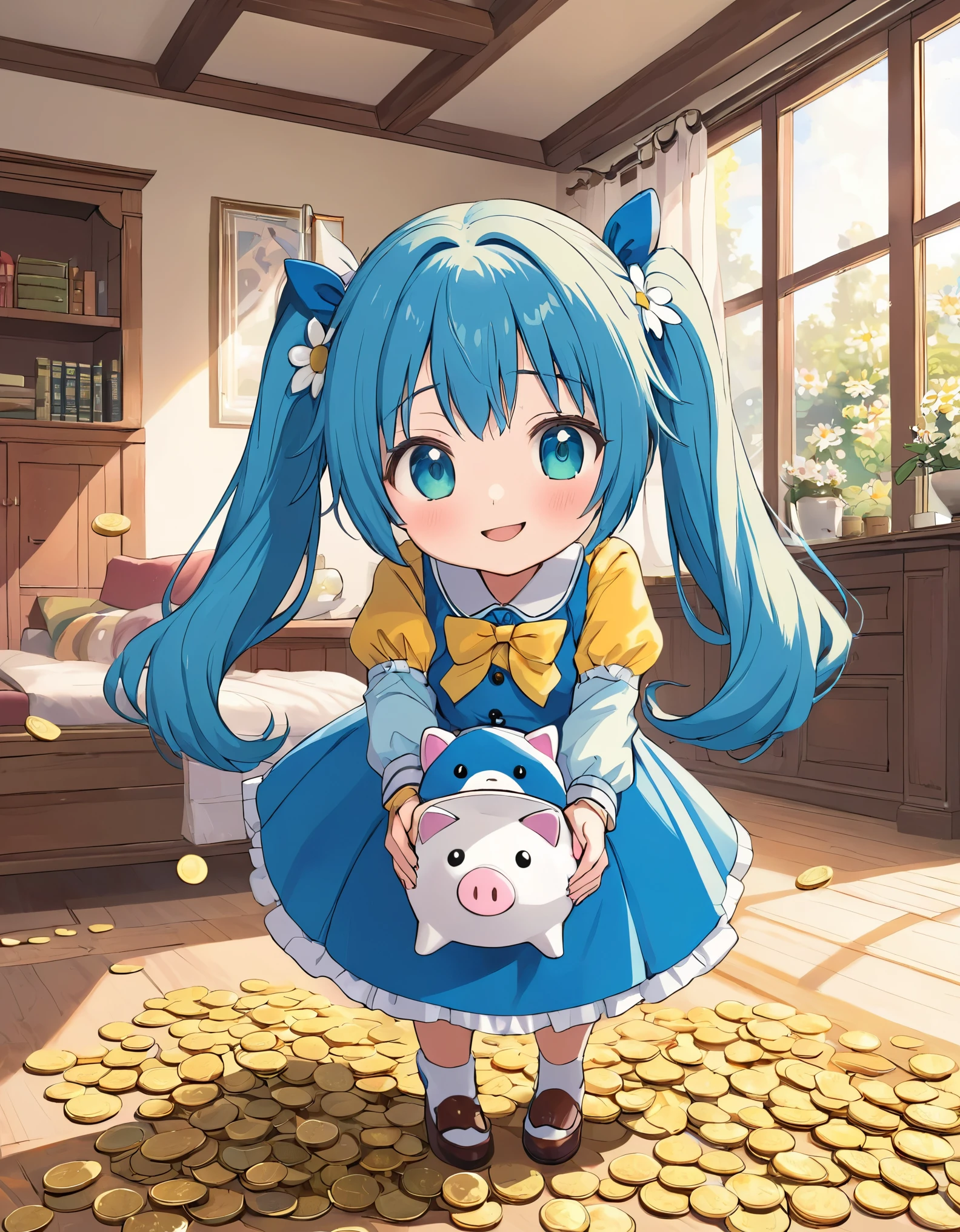 Anime girl holding a big Totoro piggy bank with coins, Light blue long hair、Cute girl with twin tails, Cute Costumes、A bright living room decorated with daisies that let in sunlight、Coin shower、Bright smile、Coins flying in the air