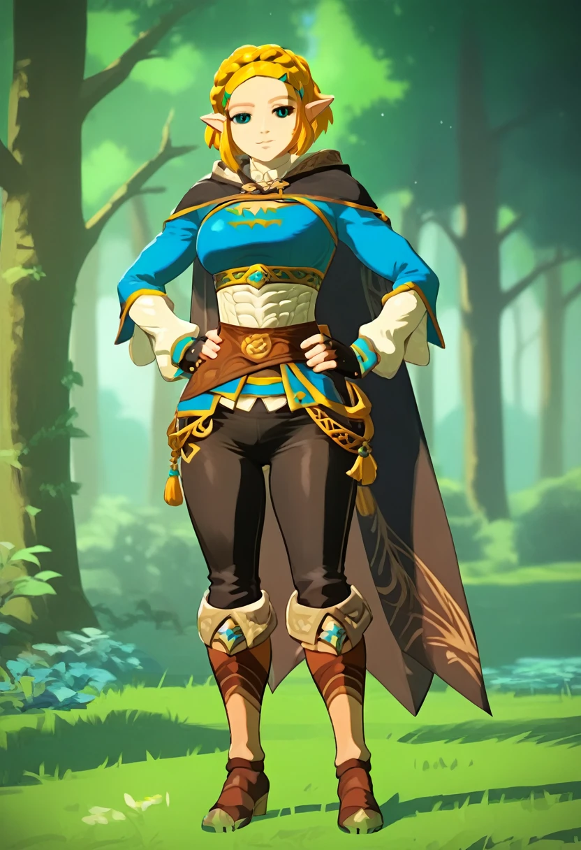  (((masterpiece))), (((Best quality))), (Very detailed), (full body), brightly lit forest, ChopioZelda, blonde hair, aqua eyes, pointy ears, looking at viewer, short hair, crown braid, sidelocks, parted bangs, hairclip, outfit_1, blue crop top, gold trim, white undershirt, breastplate, layered sleeves, brown sash, black gloves, fingerless gloves, black pants, knee boots, brown footwear, black cape, hooded cape, beautiful breasts, light smile, hands on hips,,