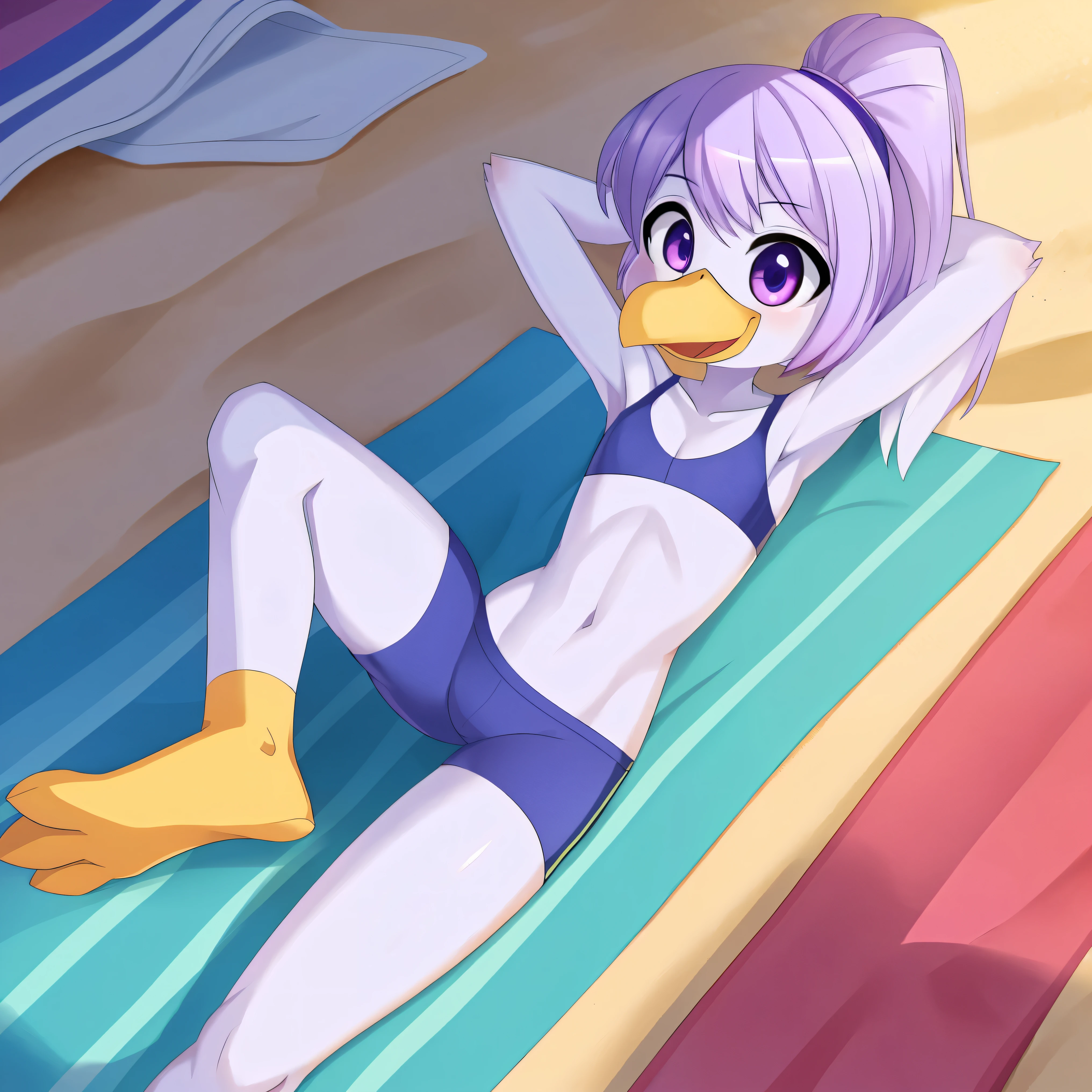 An alluring anthropomorphic white and plum purple pelican named Captain Beakman in her purple bikini is relaxing on her large inflatable flamingo float in her swimming pool, when Cora Beakman, an alluring and sexy anthropomorphic white and plum purple pelican in her pink bikini, and the younger sister of Captain Beakman, has pull the plug on Captain Beakman's Flamingo float. Cora watch and giggled as Beakman and her Flamingo float slowly sinks in the pool.