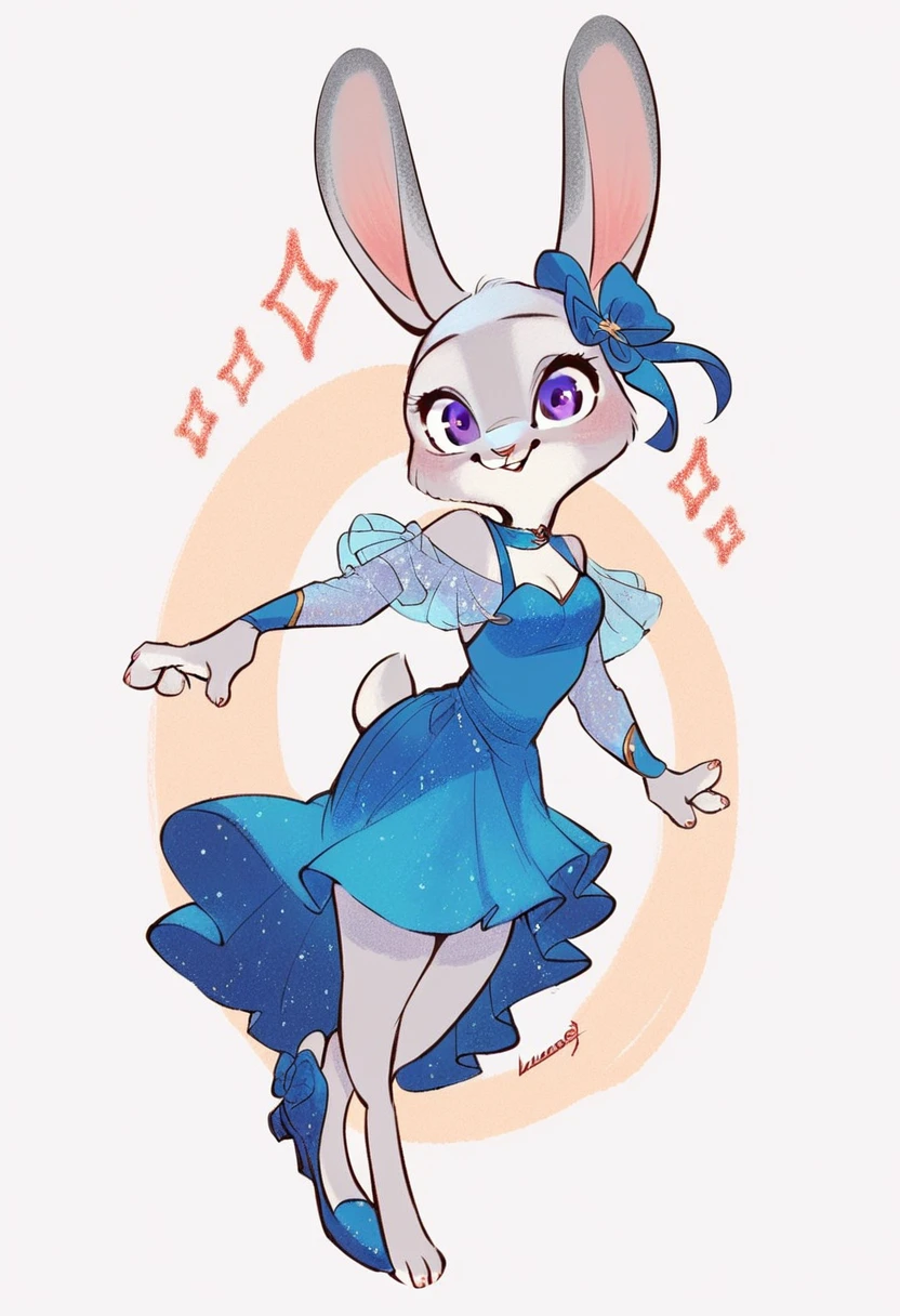 Judy_Hopps, rabbit girl, gray fur, purple eyes, rabbit ears, rabbit tail, blue dress