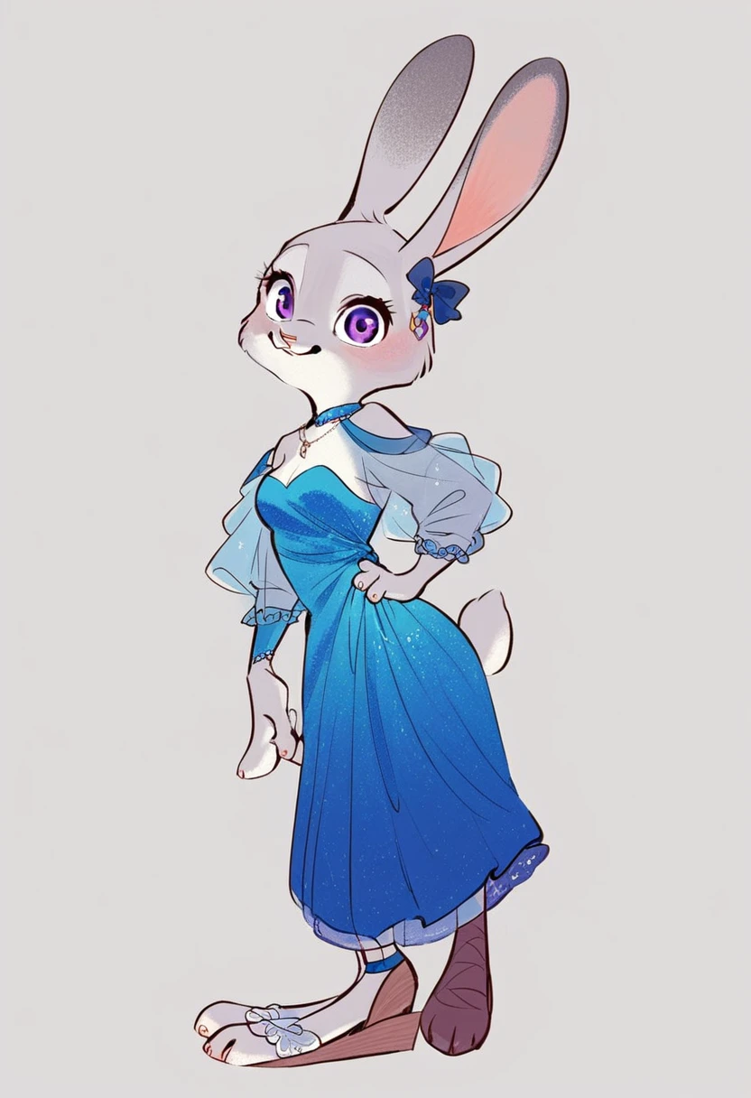 Judy_Hopps, rabbit girl, gray fur, purple eyes, rabbit ears, rabbit tail, blue dress