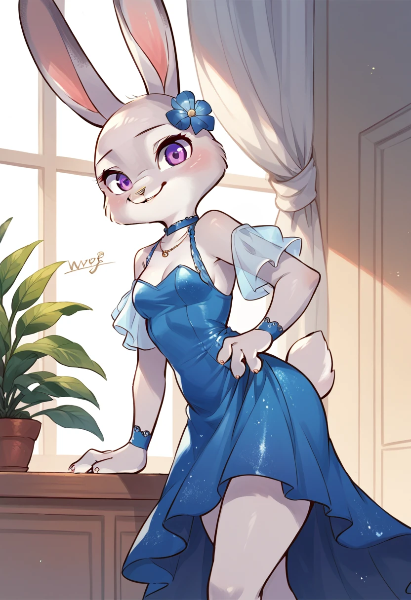 Judy_Hopps, rabbit girl, gray fur, purple eyes, rabbit ears, rabbit tail, blue dress