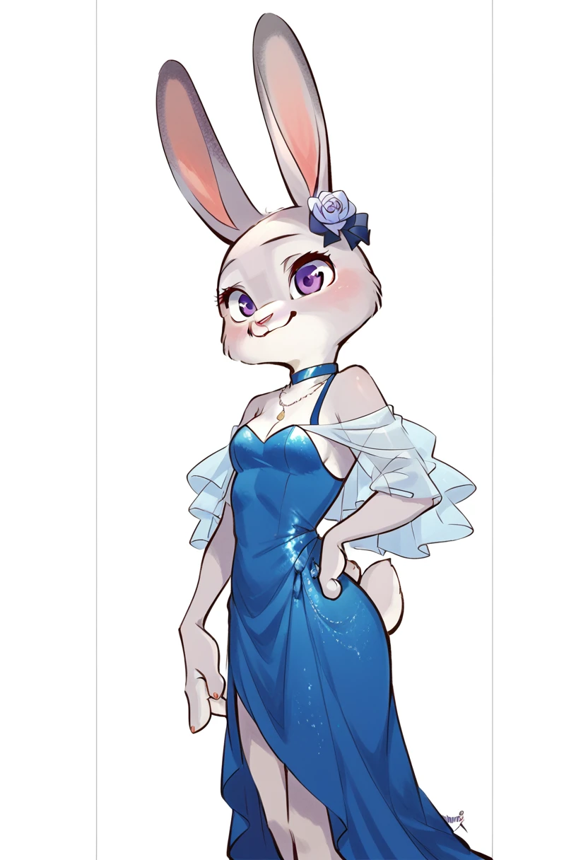 Judy_Hopps, rabbit girl, gray fur, purple eyes, rabbit ears, rabbit tail, blue dress