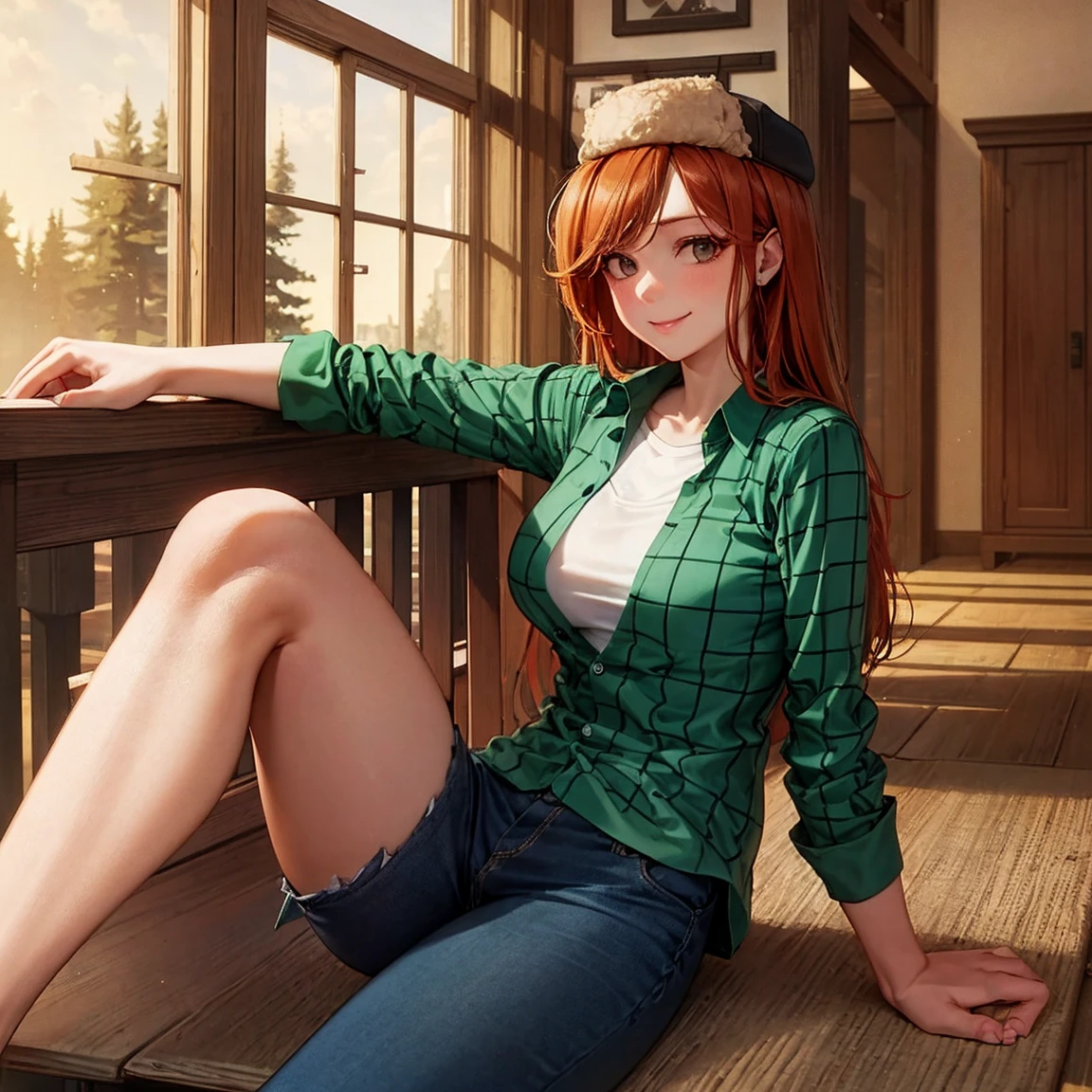 A Wendy Corduroy, sitting at a table with a beautiful smile and sexy look.an14