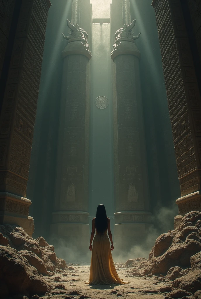 a beautiful aztec woman in her 20s, standing in front of an ancient aztec calendar in a temple, extremely detailed and realistic, 8k, high resolution, hyper detailed, masterpiece, photorealistic, studio lighting, physically-based rendering, professional grade, vibrant colors, dramatic lighting, intricate details, ornate aztec architecture, detailed stone carvings, warm lighting, volumetric fog, mystical atmosphere
