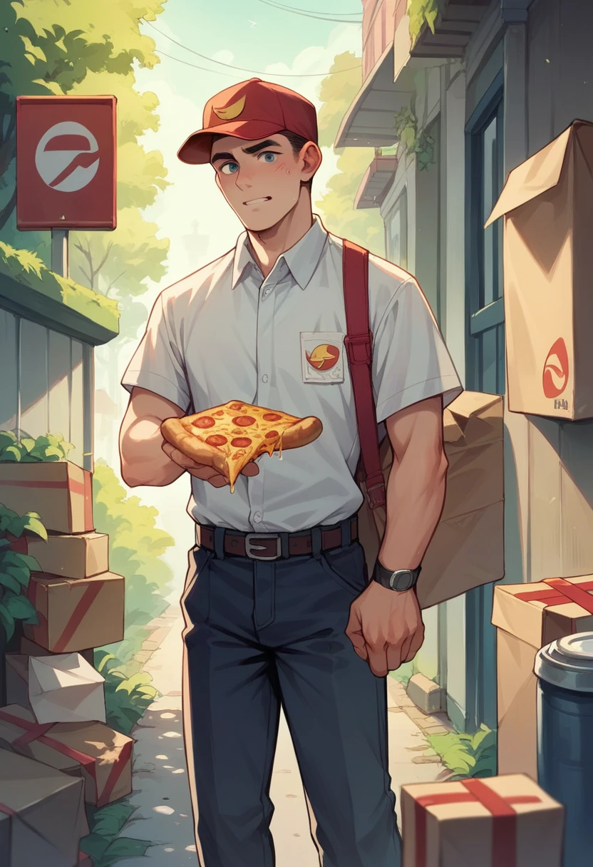 Close up, there's a Pizza delivery man standing, bare chest, mature, Sexybody, Muscular, veins, anthropomorphic, extra detailed body, detailed body, Best quality, masterpiece, ultra high res,detailed background,realistic, nature light, depth of field, (looking at viewer), (nsfw:1.5), pizza box, huge penis, pizza outfit, delivery man, front door, pizza in the box, pants down. In front of door.