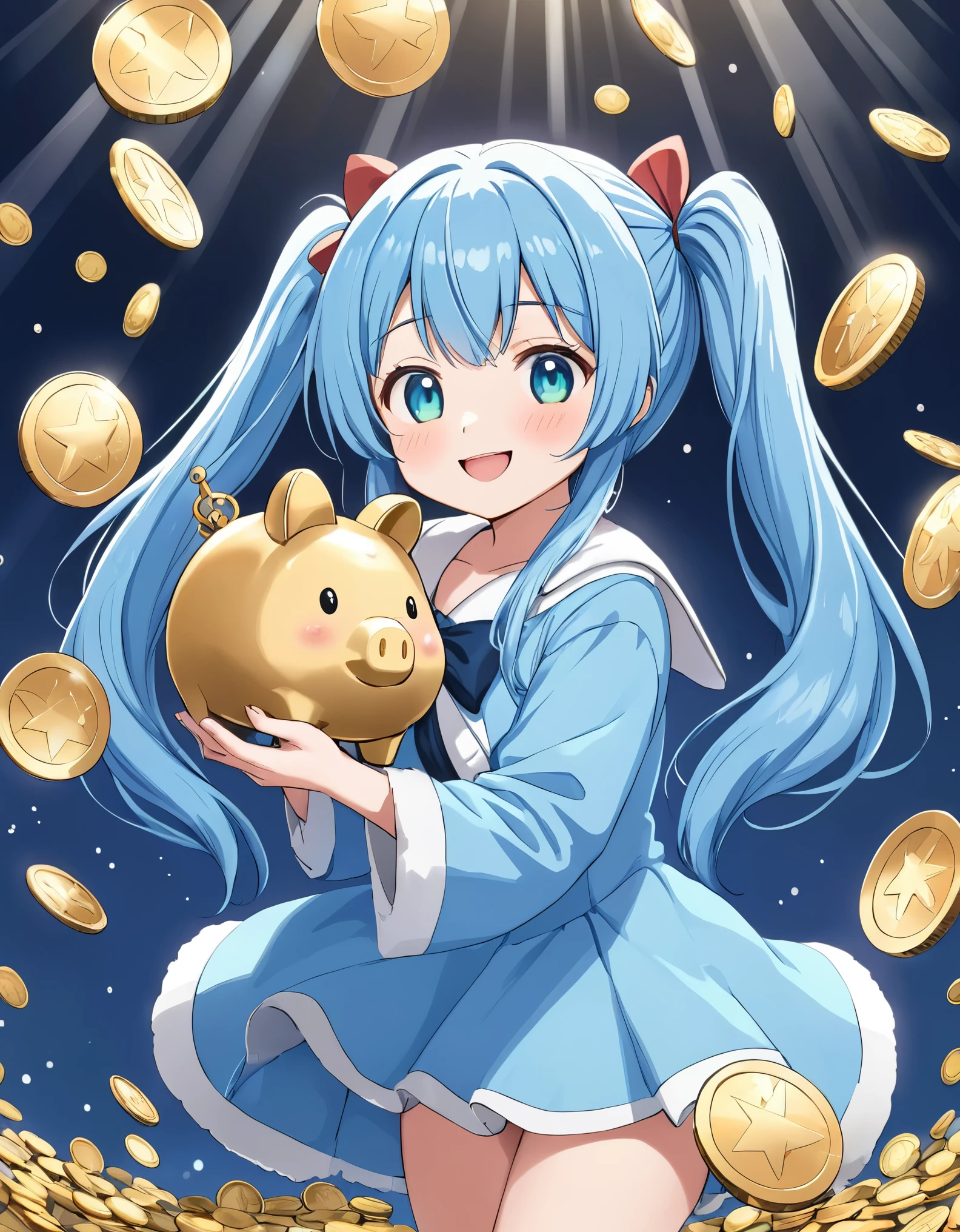 Anime girl holding a big Totoro piggy bank with coins, Light blue long hair、Cute girl with twin tails, Cute Costumes、Coin shower、Bright smile、Coins flying in the air