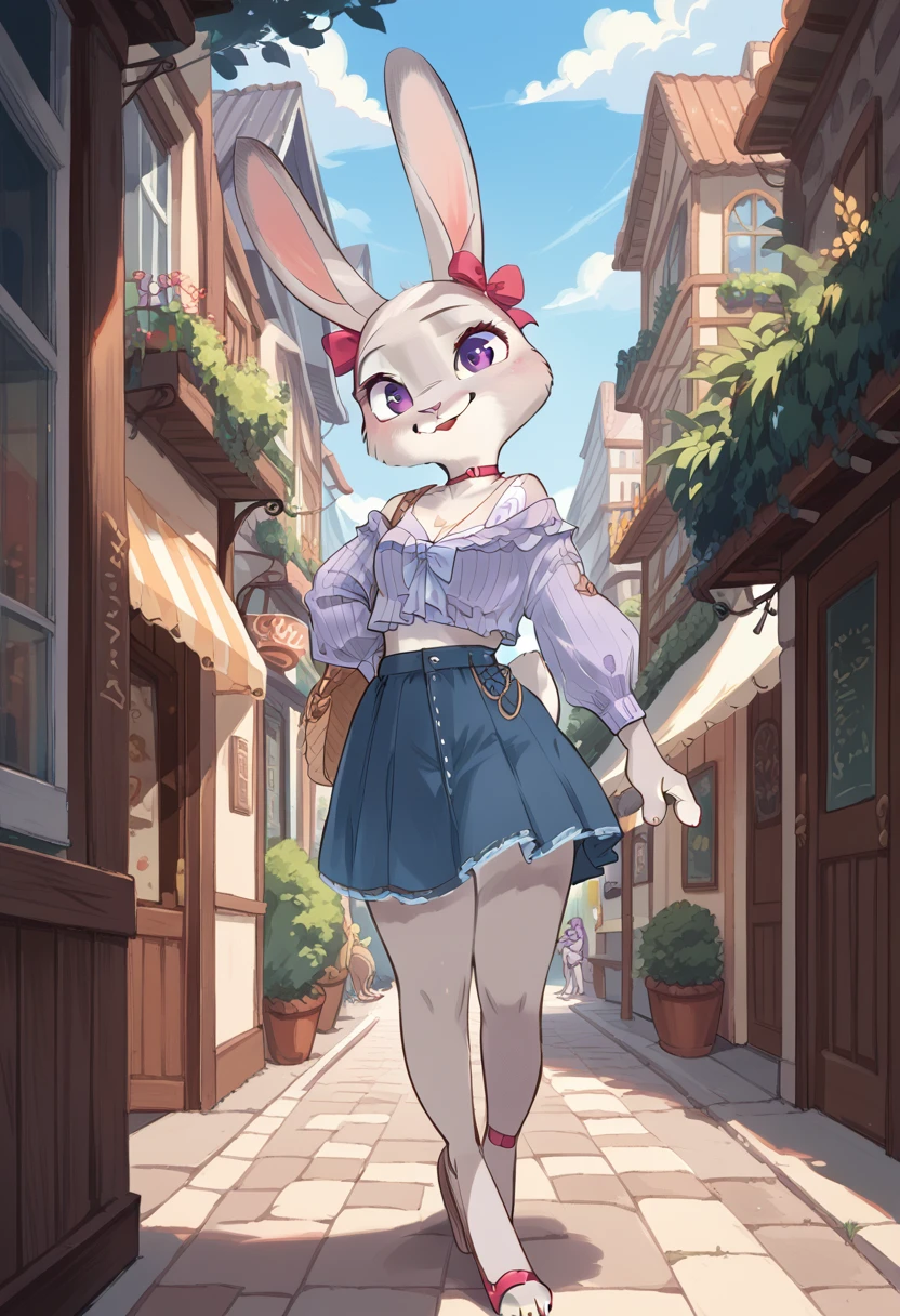 Judy Hopps, rabbit girl, gray fur, purple eyes, rabbit ears, rabbit tail