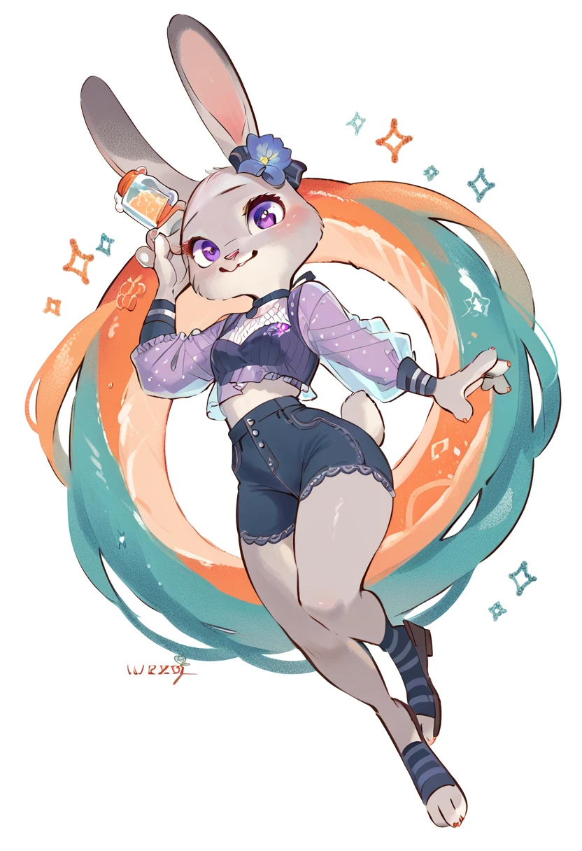 Judy Hopps, rabbit girl, gray fur, purple eyes, rabbit ears, rabbit tail