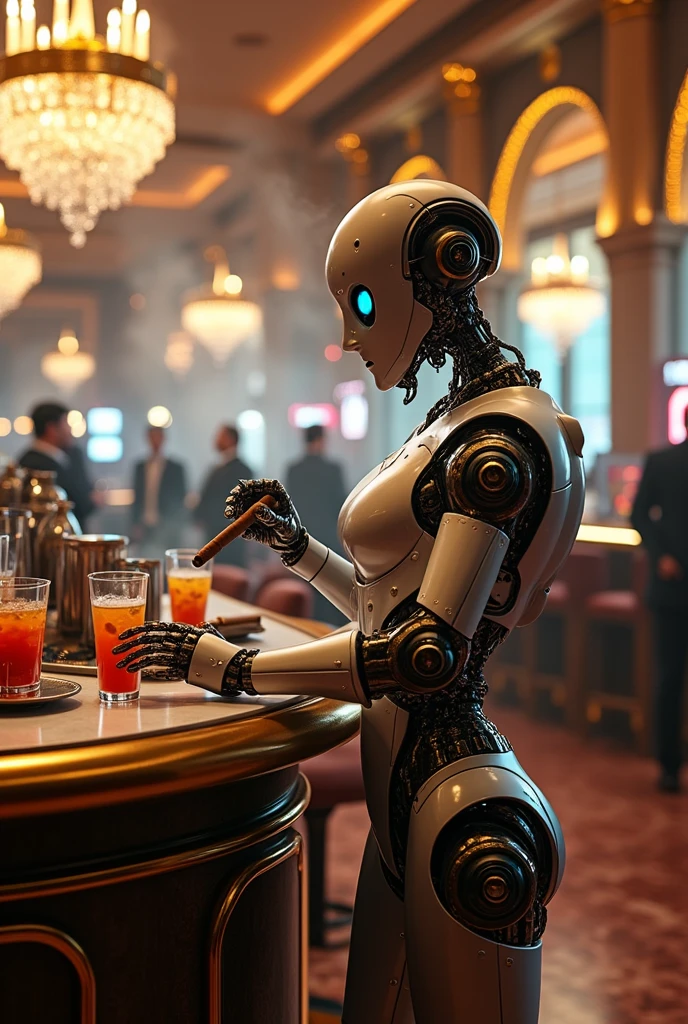 A photo of a robot bartender in a white tuxedo with a black bow tie, standing behind a bar in a Manhattan bar. The bar has a variety of wines and liquors on shelves behind the bar. The robot bartender is holding a martini glass with a dry martini and an olive. The background is dark.