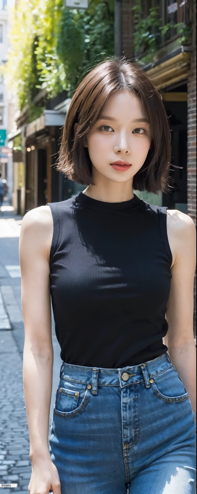 ((top-quality, 8K, ​masterpiece:1.3)), sharp focus:1.2, Beautiful Women in Perfect Style:1.4, Slender Abs:1.2, full body, wearing sleeveless shirts wide pants, ((weavy dark short hair:1.2)), (natural soft light, City Street:1.1), Highly detailed facial and skin texture, A detailed eye, double eyelid, uniform, Female,ld