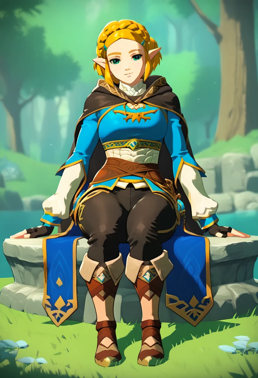  (((masterpiece))), (((Best quality))), (Very detailed), (full body), brightly lit forest, ChopioZelda, blonde hair, aqua eyes, pointy ears, looking at viewer, short hair, crown braid, sidelocks, parted bangs, hairclip, outfit_1, blue crop top, gold trim, white undershirt, breastplate, layered sleeves, brown sash, black gloves, fingerless gloves, black pants, knee boots, brown footwear, black cape, hooded cape, beautiful breasts, light smile, sitting on a rock,,