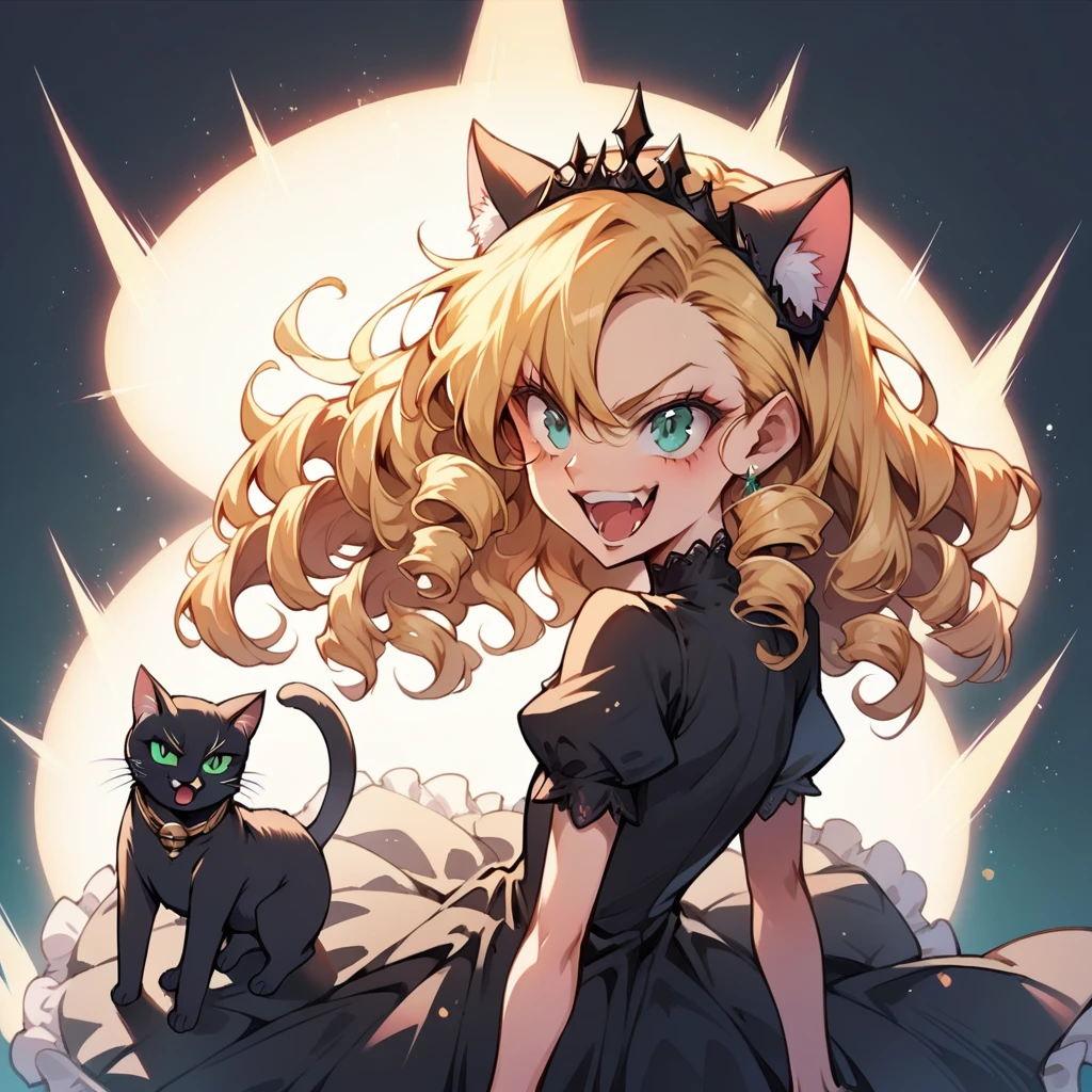 Golden hair full of big curls, jewelry, tiara, glare, aqua eyes, cat ears, laughing, evil, sparkle, glowing light, speed lines, full body, ojousama, rich girl, red and black dress, simple background, blurry background, manga style, anime style, 1girl, girl,