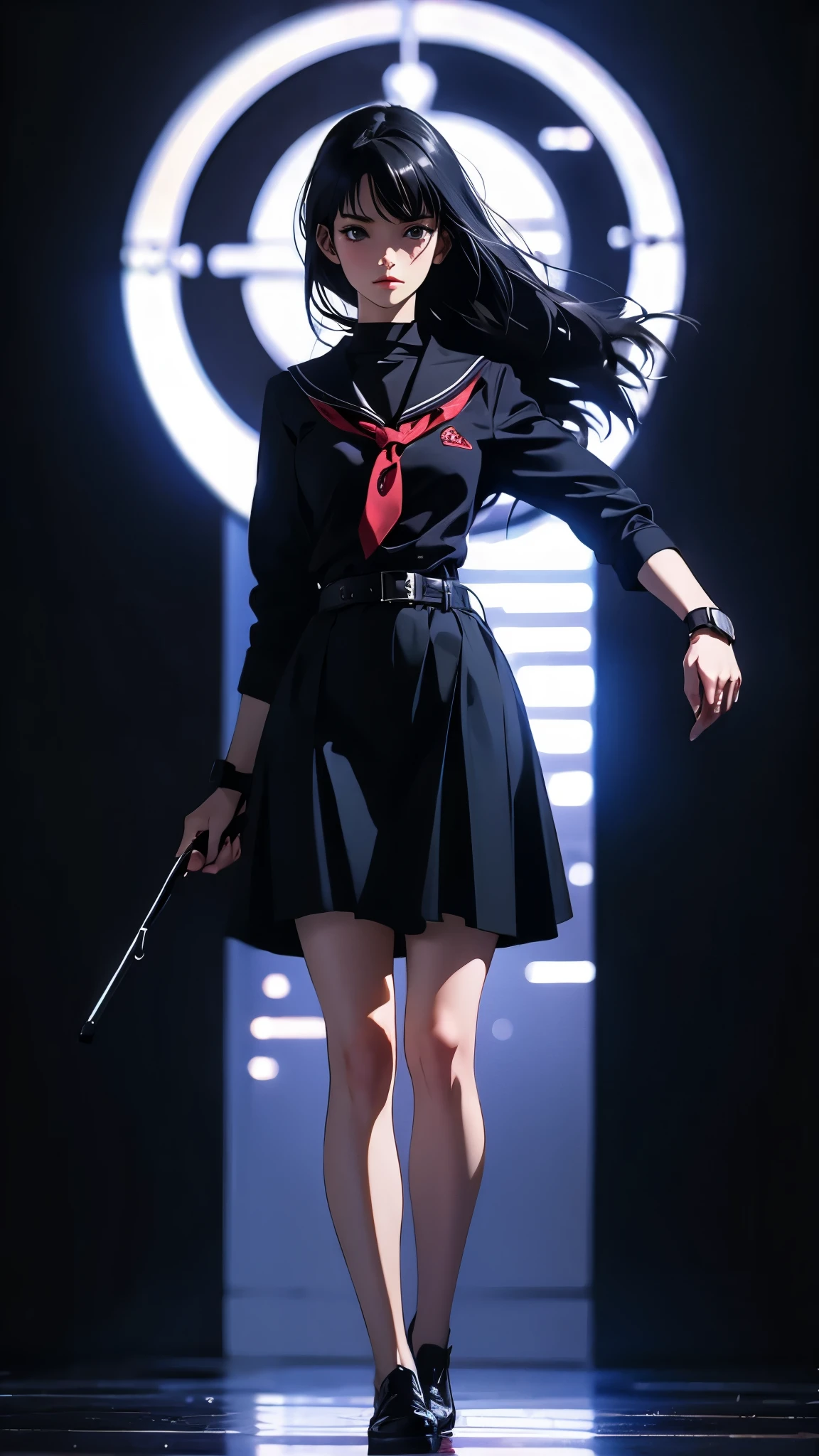 ((Masterpiece)), envision a 8k, highres, cinematic, semi realistic full body pinup of a girl with a slender body, strong face, older mature face, black hair, side locks, long bangs, black eyes, black sailor uniform, ((((1girl)))), in dark lighting, against a dark gray background