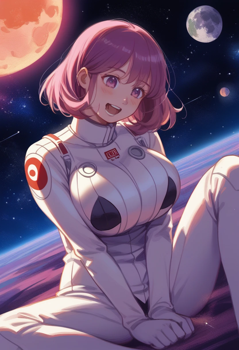 Giantess、universe spaceに浮かぶ巨人女性、Giantess、Dynamic Lighting、Looming、8k、Super Quality、high quality、Draw women big、Realistic、Super Real、pubic hair、Black Hair、Big Breasts、Miniature planets、universe space、sun、Earth、Mars、Saturn、nebula、moon、Eat the planet、Miniature planetsを手に持つ、Open your mouth