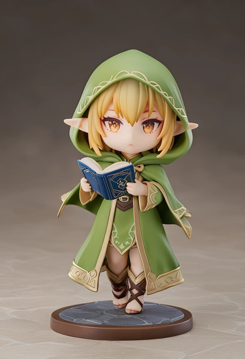 ((best quality)), ((ultra-detailed)), simple background, full body, fantasy, 1girl, chibi, elf, robe, hooded cloak, open book, holding book,
