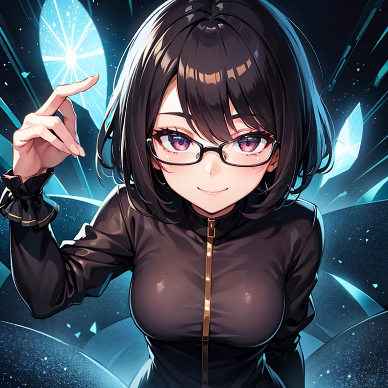 1 girl, short hair, by black, glasses, black clothes, light smile, hentai, Lights, High Quality 