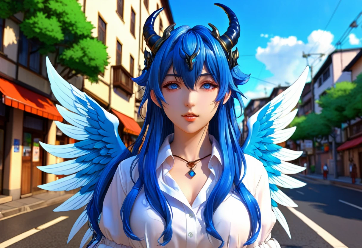 Anime girl with blue hair and horns on a street, 3D realistic anime, 2. 5 d cgi anime fantasy artwork, anime style 3d, anime style. 8k, 4k anime style, 3d style realistic anime, deviantart artstation cgscosiety, digital anime art, guweiz style art art, detailed digital anime art, white shirt, dragon wings