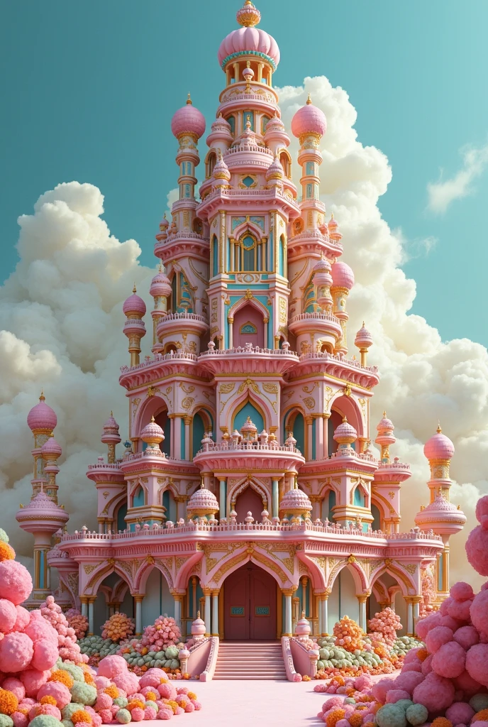 at noon, amber and white temple in the clouds, light yellow sky, cyan and pink clouds,artstation