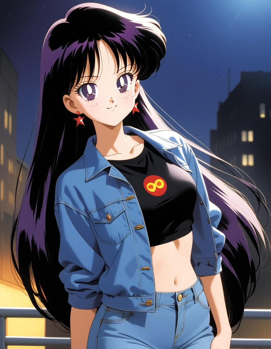 aamars, very long hair, black hair, parted bangs, purple eyes, 1990s \(style\), 1 girl, solo, Best quality, masterpiece, High Definition, Blue Jacket, Teku Logo,  Black Crop-Top, Midriff, Smile, Night, Jeans