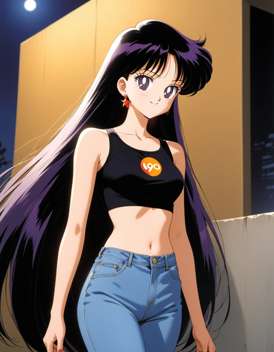 aamars, very long hair, black hair, parted bangs, purple eyes, 1990s \(style\), 1 girl, solo, Best quality, masterpiece, High Definition, Blue Jacket, Teku Logo,  Black Crop-Top, Midriff, Smile, Night, Jeans