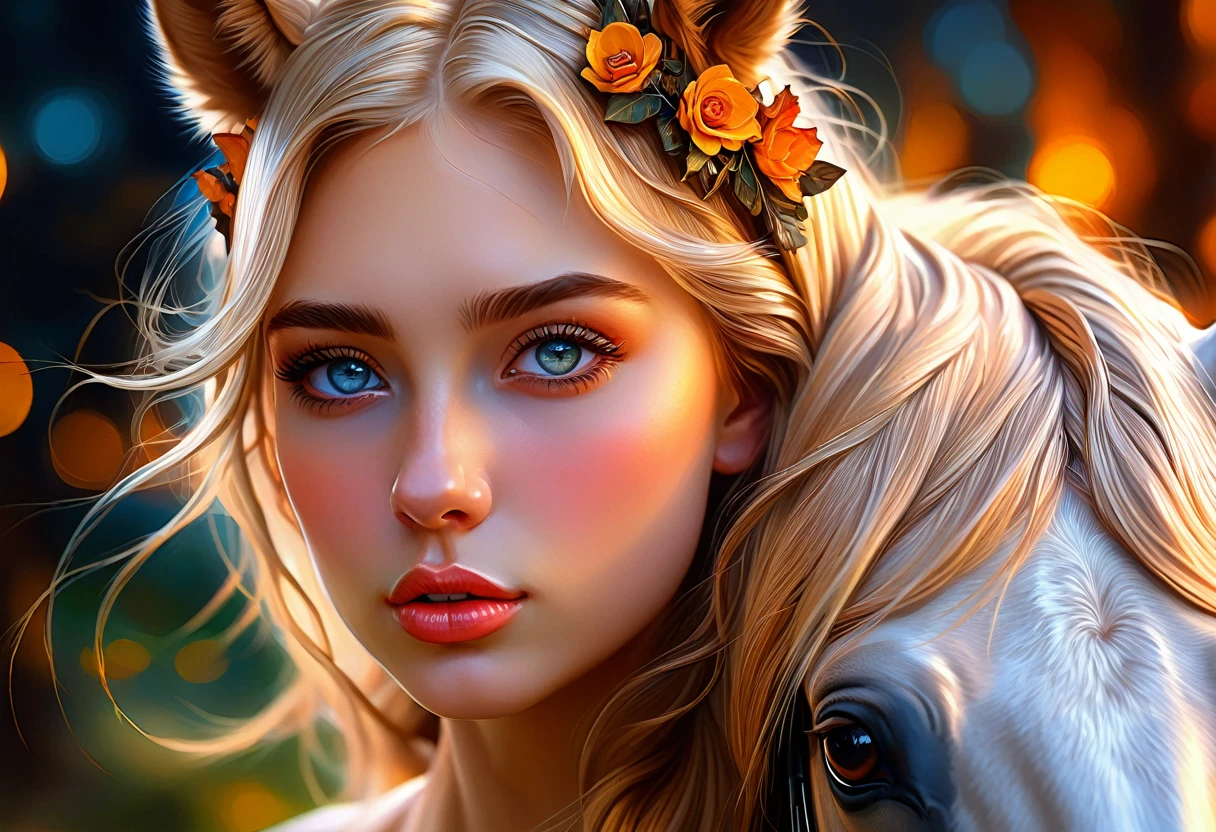 masterpiece, best quality, 1girl, horse ears, portrait, detailed beautiful eyes, detailed beautiful lips, extremely detailed face, long eyelashes, fantasy, magical, surreal, digital painting, oil painting, cinematic lighting, dramatic lighting, warm colors, soft colors, glowing