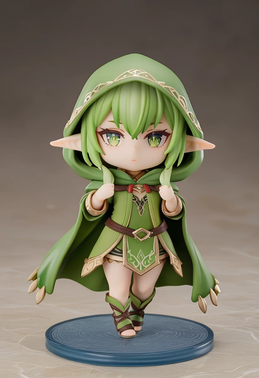 ((best quality)), ((ultra-detailed)), simple background, full body, fantasy, 1girl, chibi, elf, robe, hooded cloak, 
