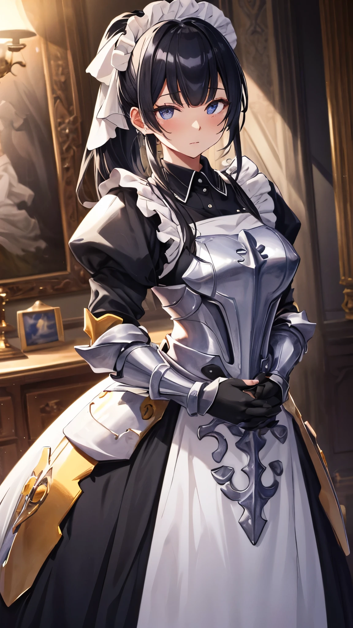 narberal gamma, black hair, high ponytail, long hair, slanted eyes, narrow eyes,
apron,(armor:1.3), black dress, dress, frills, long sleeves, maid, maid headdress, puffy sleeves, masterpiece,Noise Reduction,perfect anatomy,high resolution, ultra-detailed, ultra-detailed face,game cg,dutch angle ,beautiful detailed eyes,visualart,five fingers, perfect hands, perfect lighting, sparkling pupils,