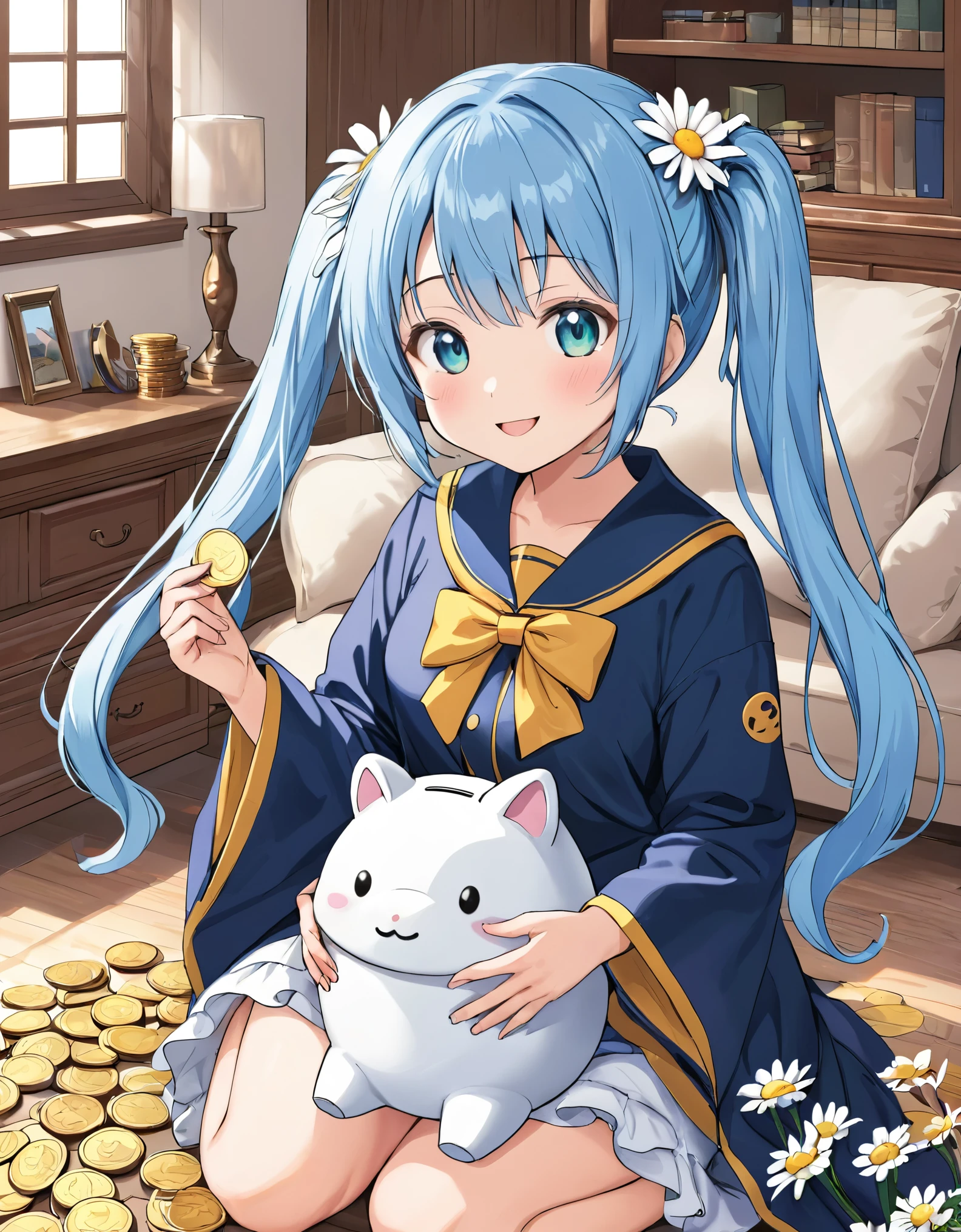 Anime girl holding a big Totoro piggy bank full of coins, Light blue long hair、cute girl with twin tails, Cute Costumes、A bright living room decorated with daisies to let in sunlight、Coin Shower、Bright smile、Flying coins