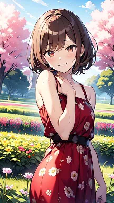 anegasaki nene、Shiny brown hair, short hair, Beautiful brown eyes、smile、Sparkling eyes, (Fine grain)、Ultra-detailed eyes、Highly detailed face, Highly detailed eyes,
masterpiece, Highest quality, High resolution,
Hair Flowers, Red flower, clavicle, Cleavage, Knitted Mini Dress, Long sleeve, Sleeves are longer than the wrist, Cowboy Shot, smile, Are standing, wave hands, Outdoor