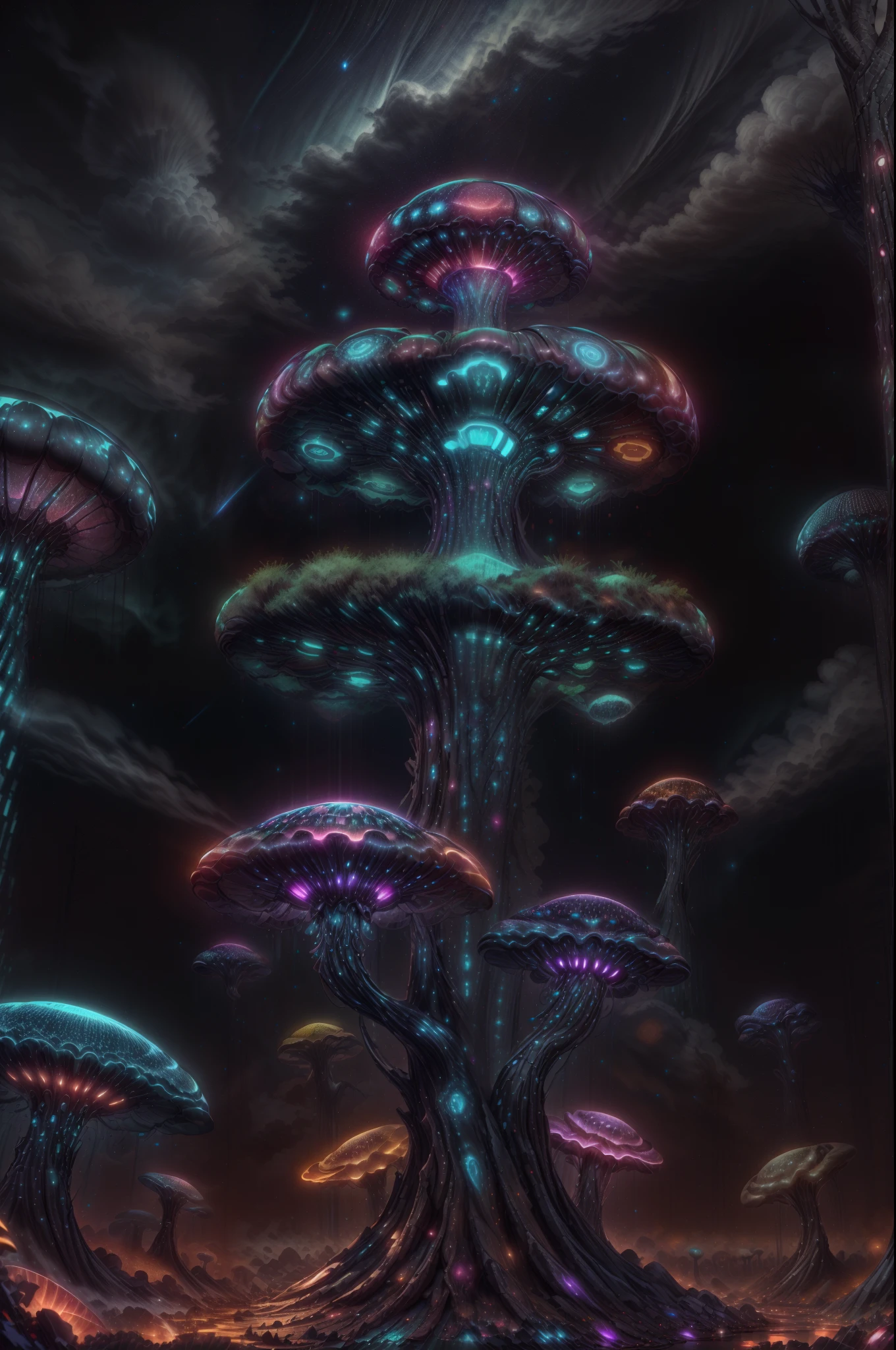 jellyfish swimming in a pine forest with magic mushrooms, starry sky and nebulae, digital art, psychedelic theme, vivid colors, saturated colors