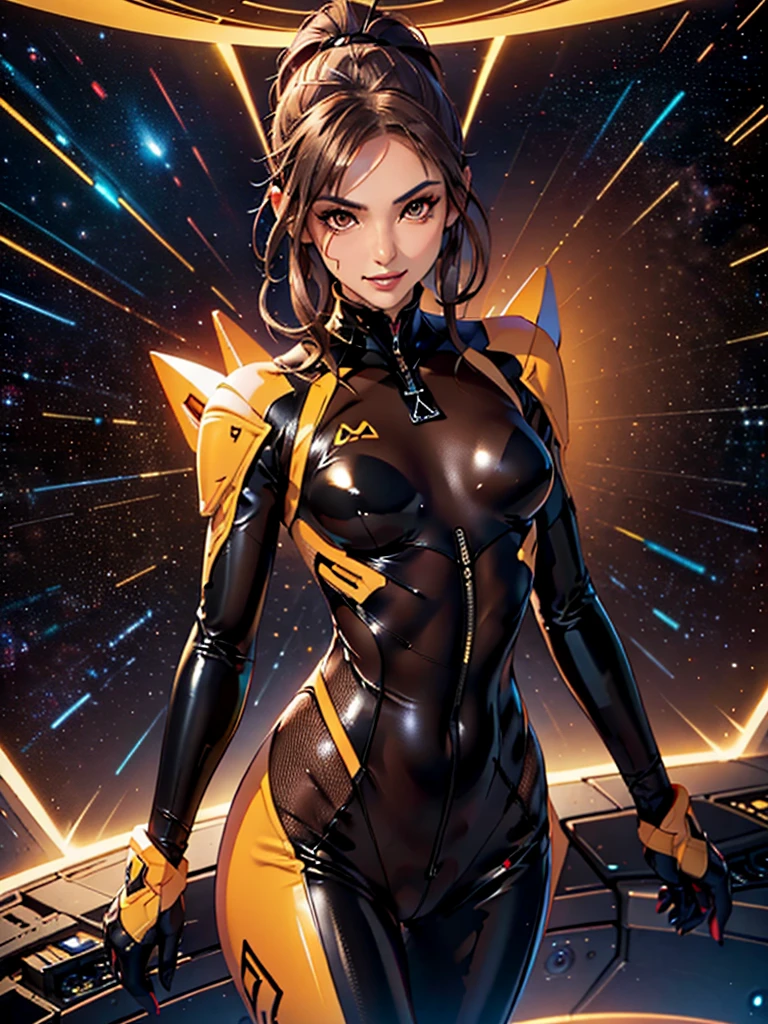 1girl, slender body, slim, extremely long ponytail, (((dark brown hair, brown eyes, tan skin))), brown skin, smirk, tight clothes, ((ochre and black latex bodysuit)), (black armor), (((hexagonal mesh))), ((extremely glossy)), cyberwear, space background, starship interior, space cockpit
