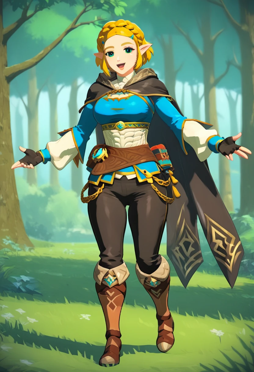  (((masterpiece))), (((Best quality))), (Very detailed), (full body), brightly lit forest, ChopioZelda, blonde hair, aqua eyes, pointy ears, looking at viewer, short hair, crown braid, sidelocks, parted bangs, hairclip, outfit_1, blue crop top, gold trim, white undershirt, breastplate, layered sleeves, brown sash, black gloves, fingerless gloves, black pants, knee boots, brown footwear, black cape, hooded cape, beautiful breasts, happy, from behind, outstretched hand,,