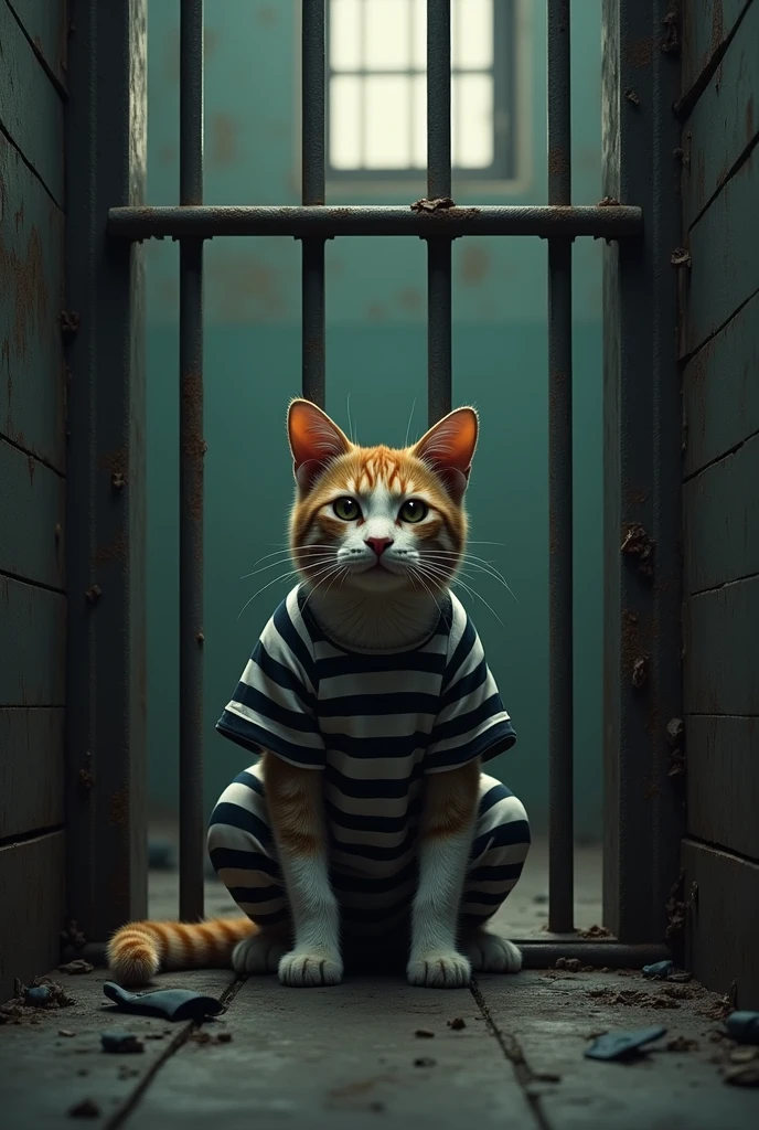 The orange, realistic chubby mother cat is police station, her hands cuffed with iron handcuffs, crying uncontrollably and in prisoners in police stations. Her old t-shirt and shorts look even more tattered as she kneels on the ground, despair evident in her posture. In the background, the police man is visible.