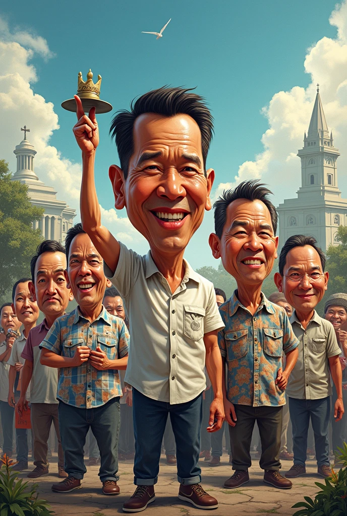 cartoon of a man with a crowd of people indonesian in the background, Abdurrahman wahid, inspired by Bapu, official fanart, fanart, by Eddie Mendoza, cartoon still, movie promotional image, official illustration, animation still, mixed art, political art, [ digital art ]!!, rob mcnaughton, animation film still, profile pic, reaching towards the heavens, brilliant, hiperrealism, detail, 8k