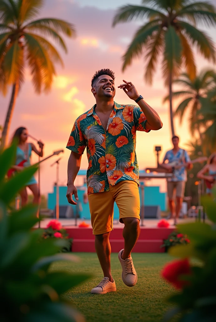 Young, slightly muscular, mixed-race bartender with a mustache and Hawaiian shirt