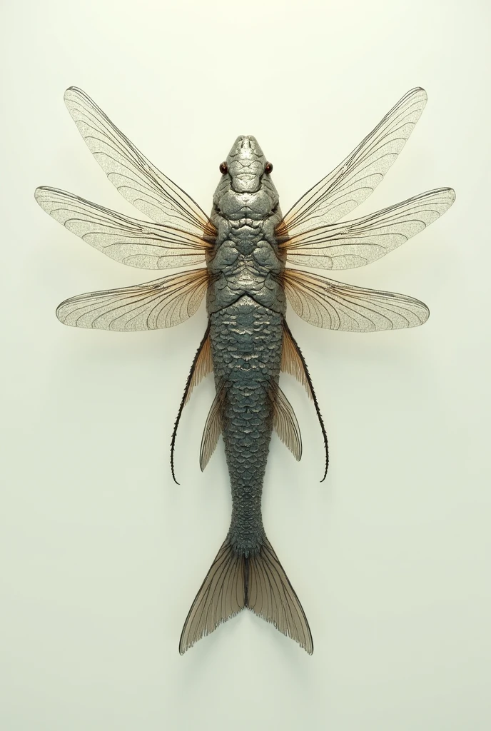 Draw a salmon with the limbs of a dragonfly and its wings appearing from its fins., with scale textures