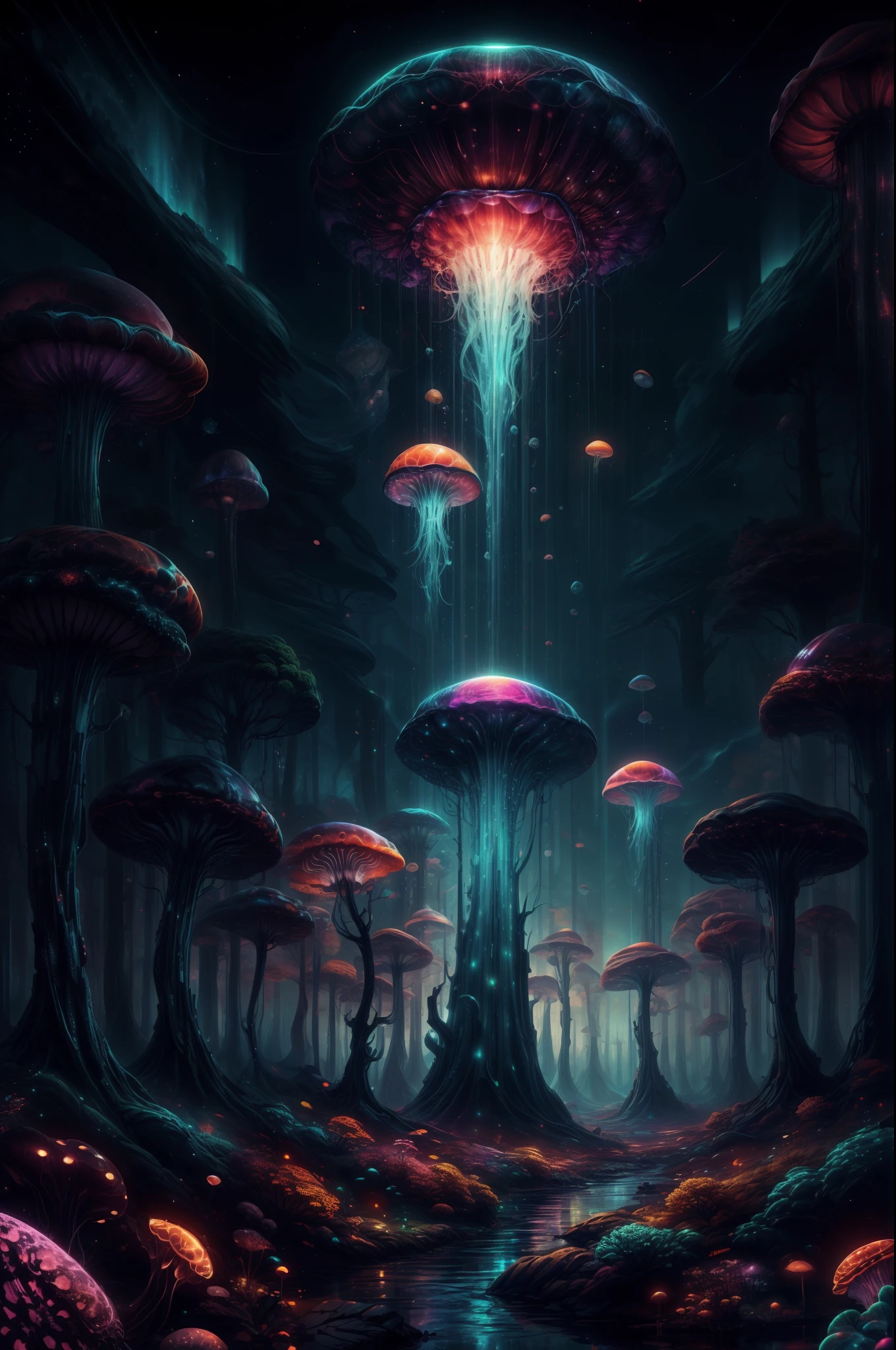 jellyfish swimming in a pine forest with magic mushrooms, starry sky and nebulae, digital art, psychedelic theme, vivid colors, saturated colors