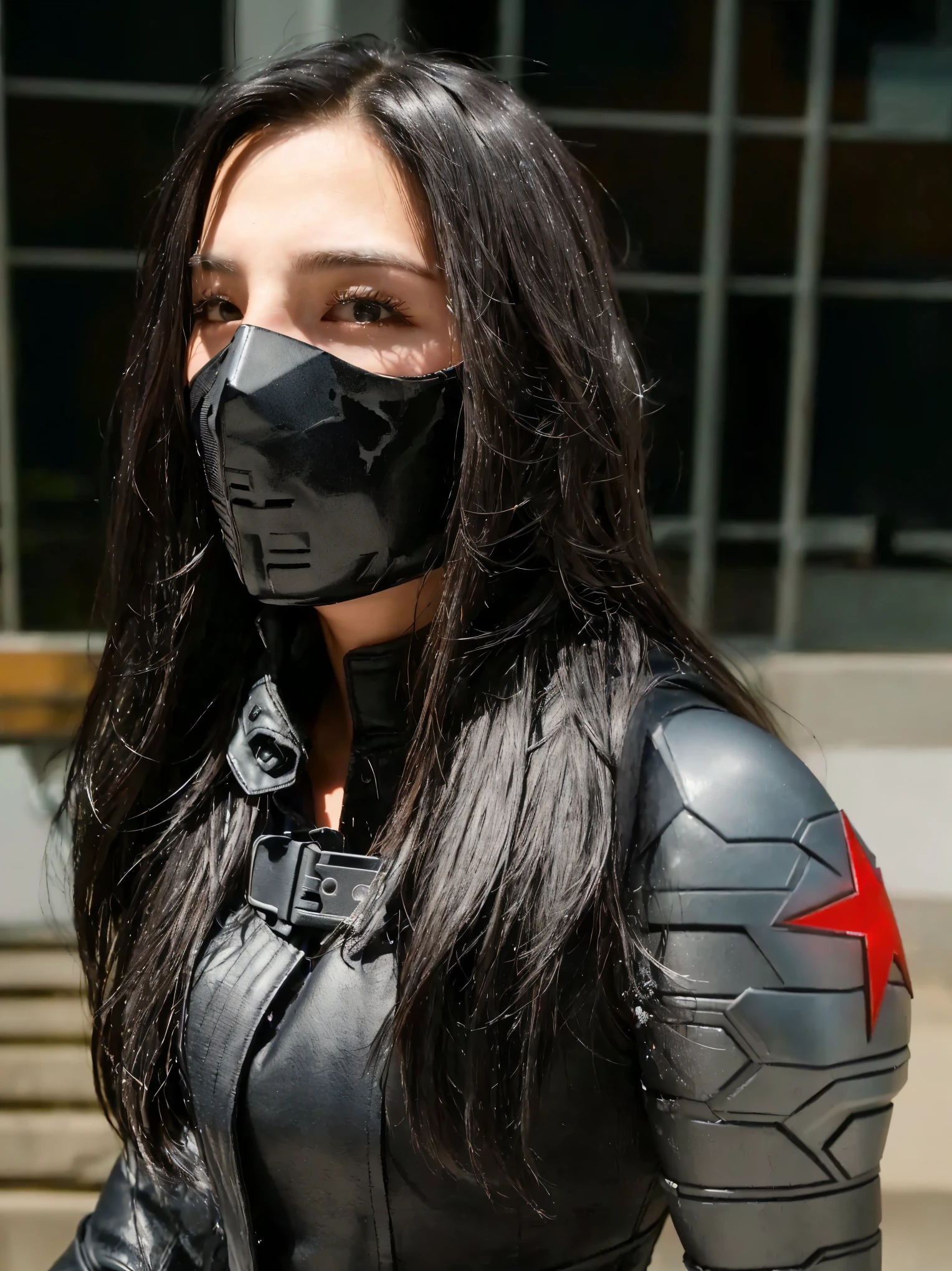 Yeji in black leather suit and mask, winter soldier mask, dark natasha, He wore leather assassin armor., Close-up photo at New York Comic-Con, realistic cosplay, wearing bandit mask, heroic look, Half body closeup, Profile photo, wearing war paint, civil war style, rude look, by Amelia Peláez, cosplay photo, female main character, itzy&#39;s daughter