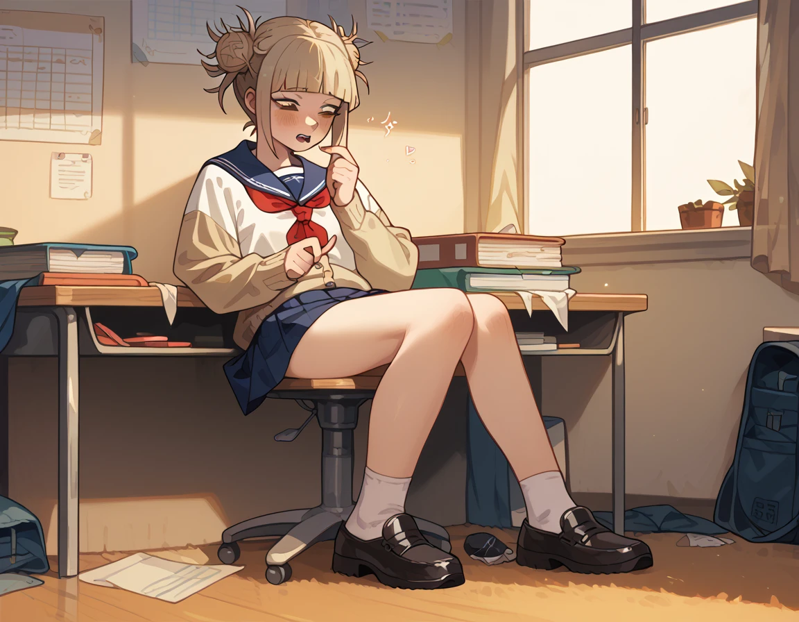 Himiko Toga masturbating, putting fingers in the vagina, sitting at a desk, full body, masturbandose