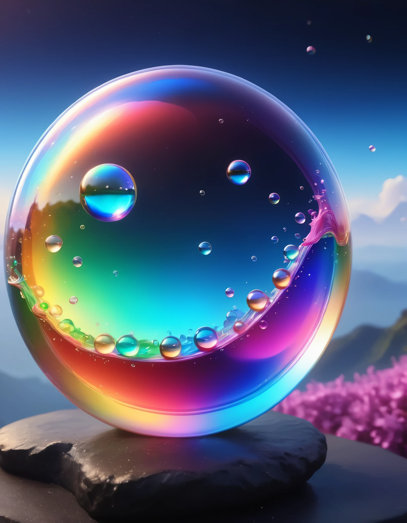 Rainbow colored soap bubbles、Fantasy、A landscape filled with soap bubbles、ネオンライトShine、Soft lighting、ether、Dreamy、Whimsical、Pastel colors、Vibrant colors、Shine、Sparkling、translucent、(Best Quality、4K、8k、High resolution、masterpiece:1.2)、Super detailed、(Real、Photorealistic、Photorealistic:1.37)、HDR、UHD、Studio Lighting、Ultra-fine painting、Sharp Focus、Physically Based Rendering、Extremely detailed description, professional, Vibrant colors, Bokeh