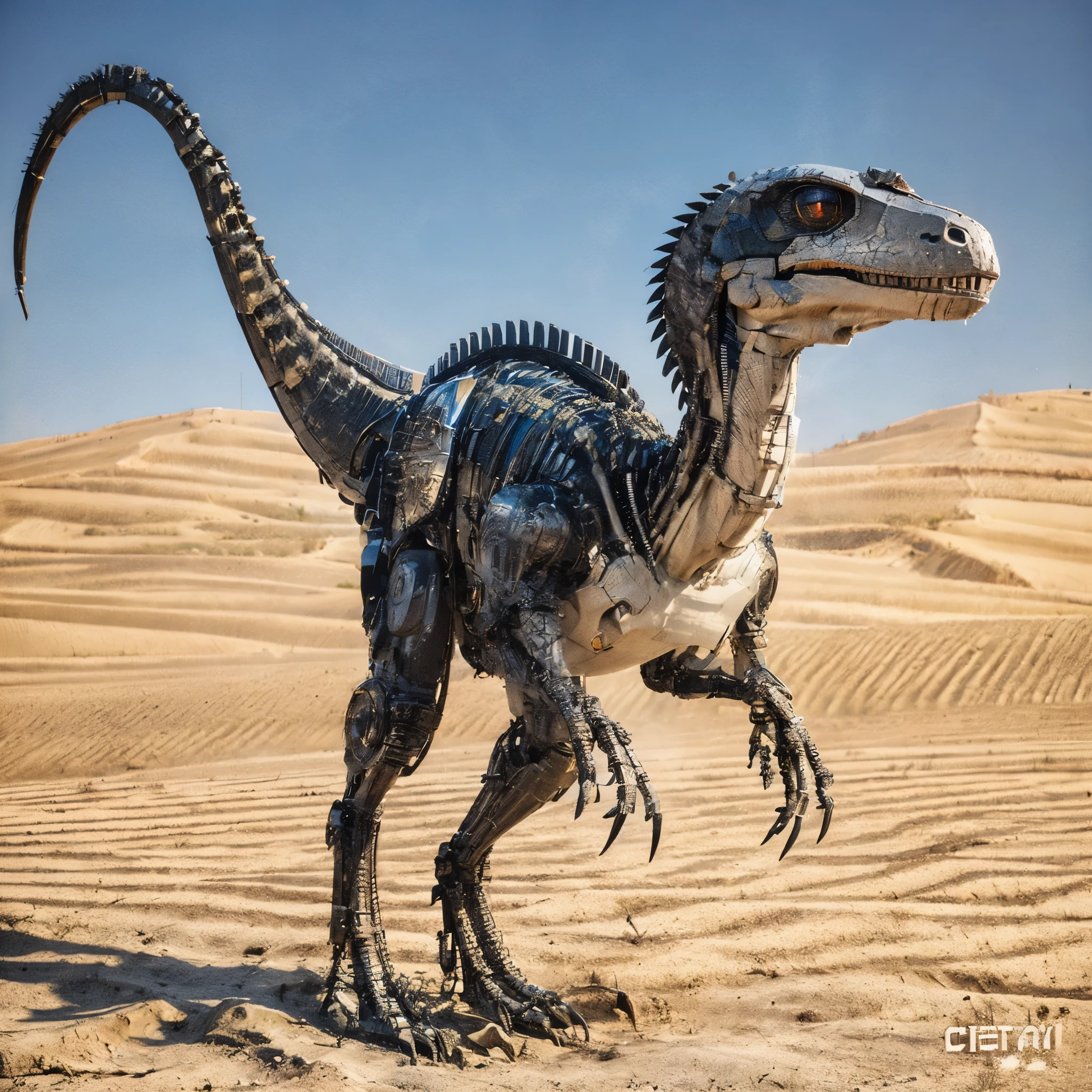 Robot Velociraptor, Cybernetic Organism, military machine, armor on metal skeleton, Machine gun on the top right of the column.