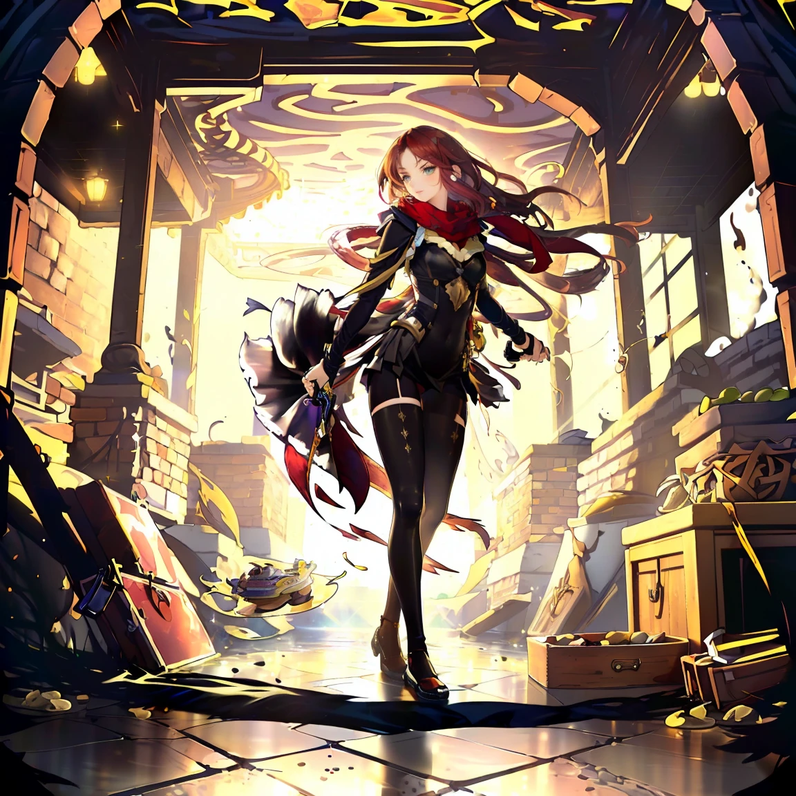 masterpiece, best quality, highly detailed, assumi, magic circles, 1girl, solo, red hair, yellow eyes, warlock shoulders, armor, leotard, thighhighs, elbow gloves, makeup, dark magic, magic particules, looking at viewer, crypt background