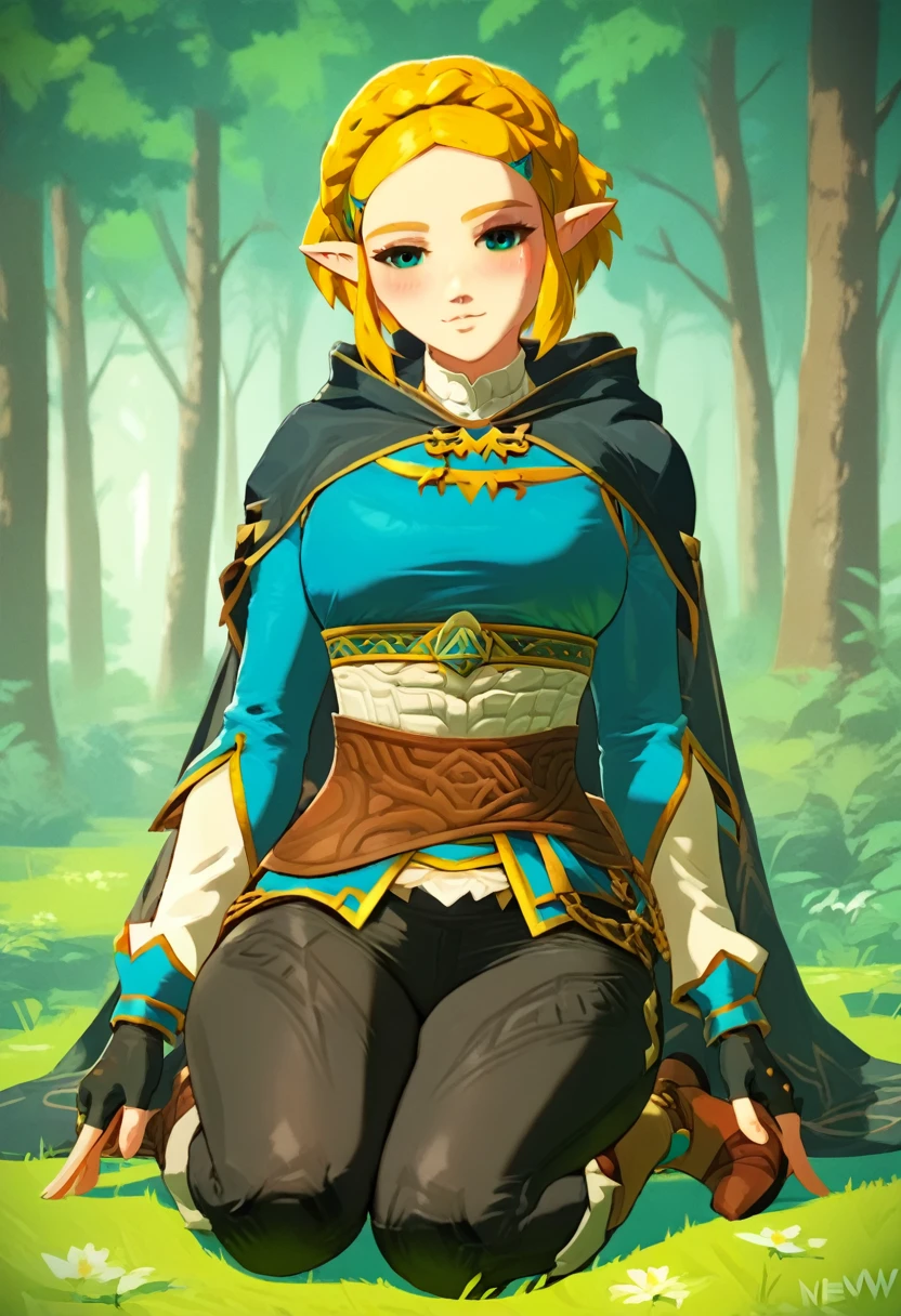  (((masterpiece))), (((Best quality))), (Very detailed), (full body), (nsfw:1.8), (nude), brightly lit forest, ChopioZelda, blonde hair, aqua eyes, pointy ears, looking at viewer, short hair, crown braid, sidelocks, parted bangs, hairclip, outfit_1, blue crop top, gold trim, white undershirt, breastplate, layered sleeves, brown sash, black gloves, fingerless gloves, black pants, knee boots, brown footwear, black cape, hooded cape, beautiful breasts, blush, seductive smile, sexy pose,,